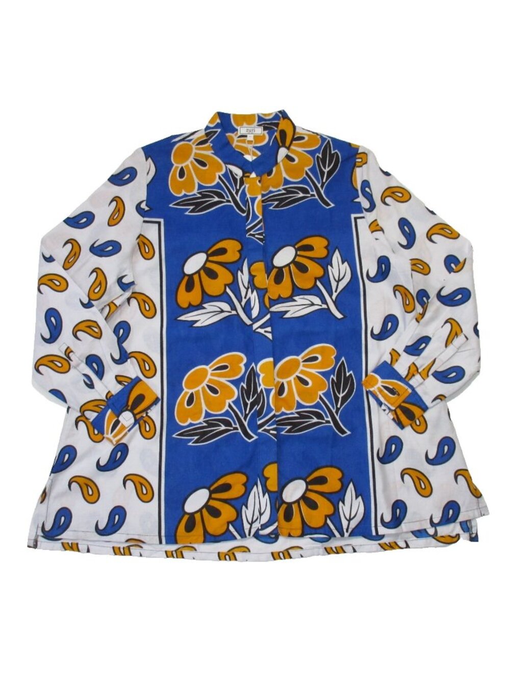 NWT Zuri Kenya Kikambala Shirt in Blue White Orange Floral Cotton Button M